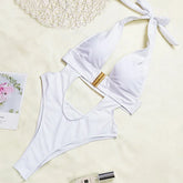 Women's Halter Deep V One-Piece Swimsuit in White_Front
