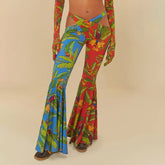 Cross Waist Flared Pants with Butterfly Print in Multicolor_Front View
