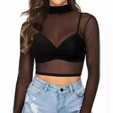 Women’s Sheer Mesh Long Sleeve Crop Top Mock Neckline_Front View