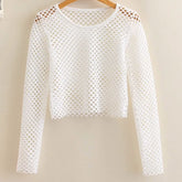 Netted Long Sleeve Crop Top for Women White | Rave Set