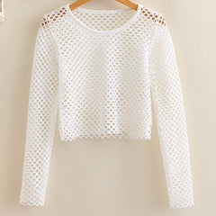 Netted Long Sleeve Crop Top for Women White | Rave Set