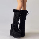 Black Winter Eclipse Faux Fur Platform Boots | Rave Set
