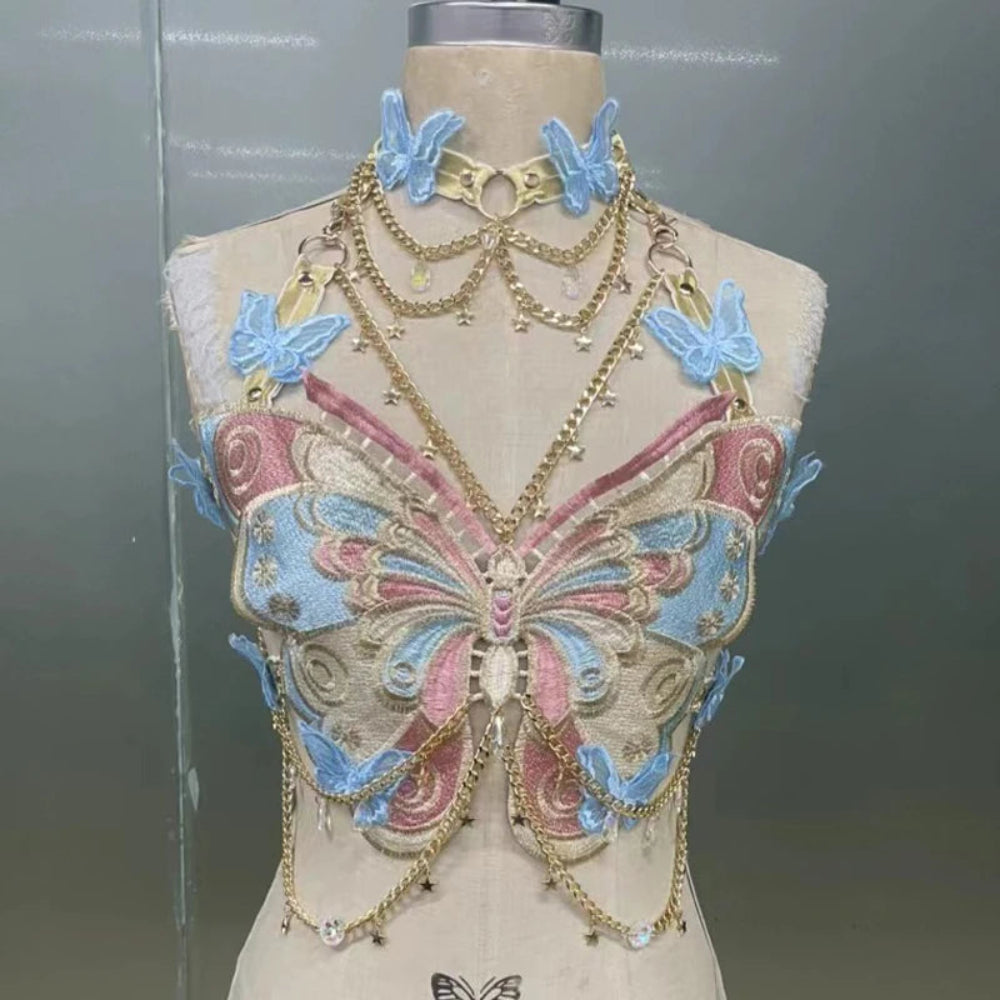 Butterfly Crystal Chain Crop Top for Women Blue | Rave Set