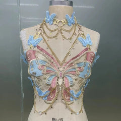 Butterfly Crystal Chain Crop Top for Women Blue | Rave Set