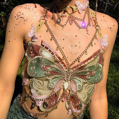 Butterfly Crystal Chain Crop Top for Women Wine Red | Rave Set