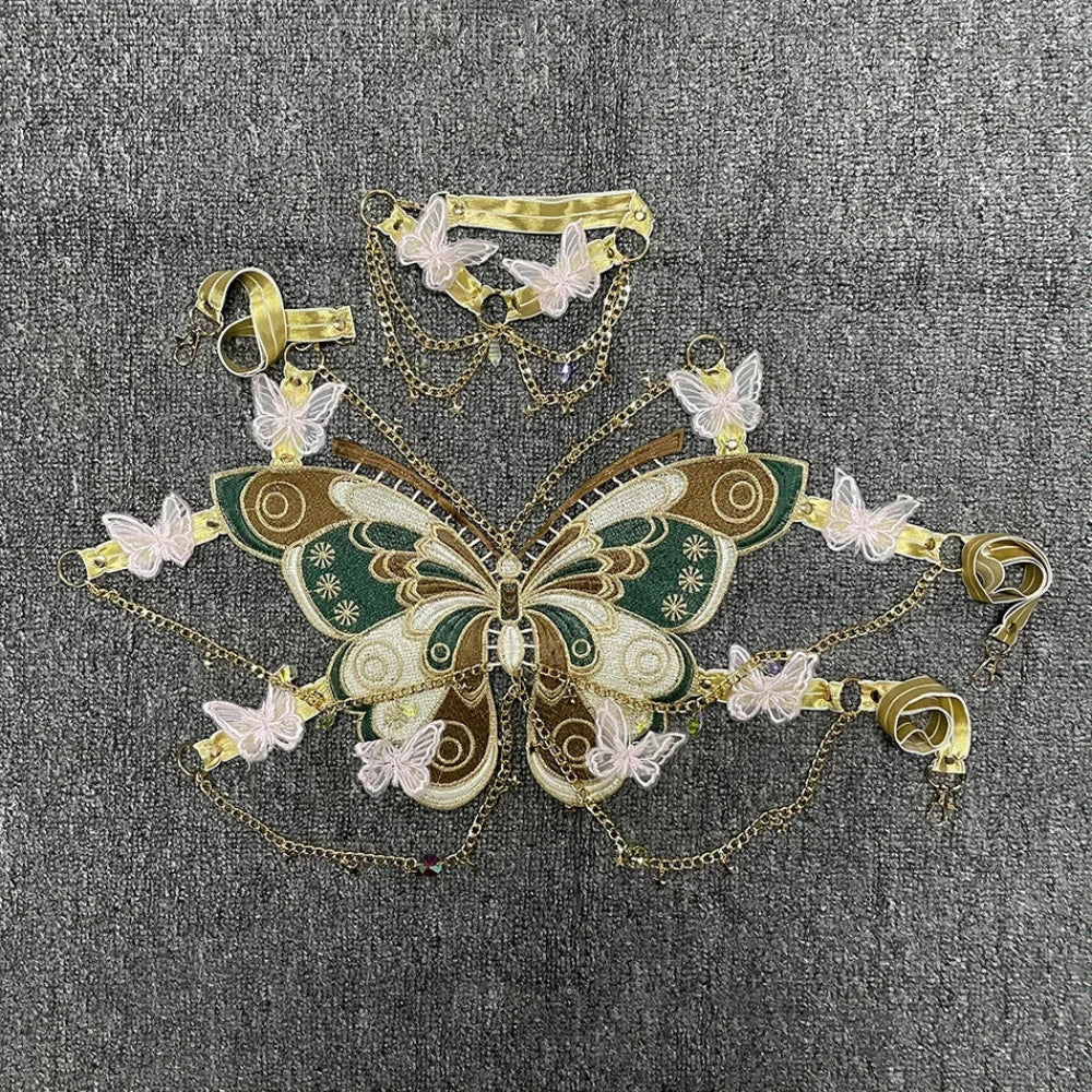 Butterfly Crystal Chain Crop Top for Women Green | Rave Set