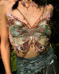 Butterfly Crystal Chain Crop Top for Women Wine Red | Rave Set