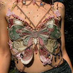 Butterfly Crystal Chain Crop Top for Women Wine Red | Rave Set