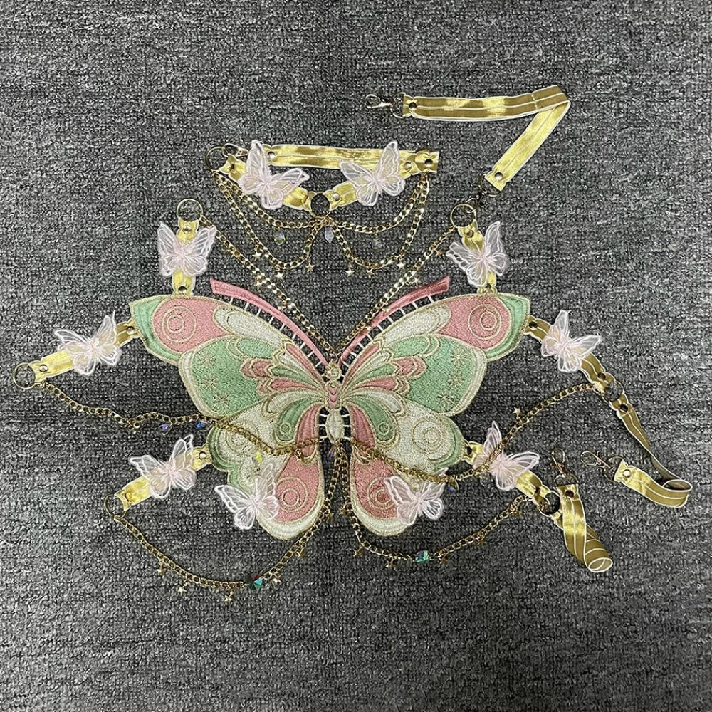 Butterfly Crystal Chain Crop Top for Women Multicolor | Rave Set