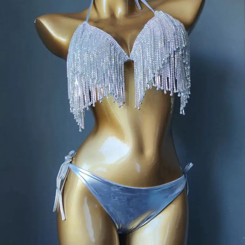 Silvery Drip Women's 2Pc Crystal Bikini Set | Rave Set