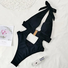 Women's Halter Deep V One-Piece Swimsuit in Black_Front View