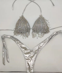 Crystal Drip Women's 2Pc Silver Bikini Set | Rave Set