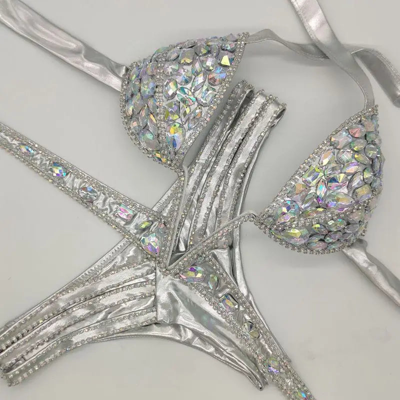 Sparkly Silver Rhinestone Women's Bikini Set | Rave Set