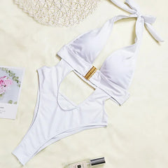 Women's Halter Deep V One-Piece Swimsuit in White_Front