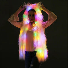 Rainbow Glow Furry Hoodie Vest | Rave Set