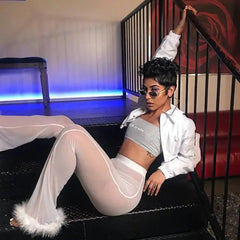 Women’s Sheer Long Sleeve and Pants Set White | Rave Set