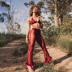 Crimson Kiss Mesh Fur Bell Bottoms | Rave Set