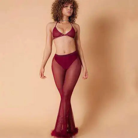 Crimson Kiss Mesh Fur Bell Bottoms | Rave Set