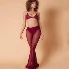 Crimson Kiss Mesh Fur Bell Bottoms | Rave Set