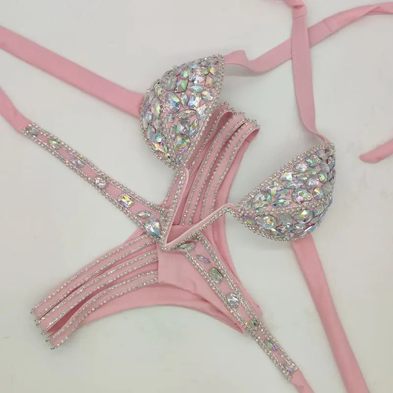 Sparkly Pink Rhinestone Women's Bikini Set | Rave Set