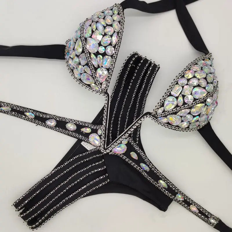 Sparkly Black Rhinestone Women's Bikini Set | Rave Set