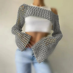 Knit Flare Sleeve Crop Shrug for Women Gray | Rave Set