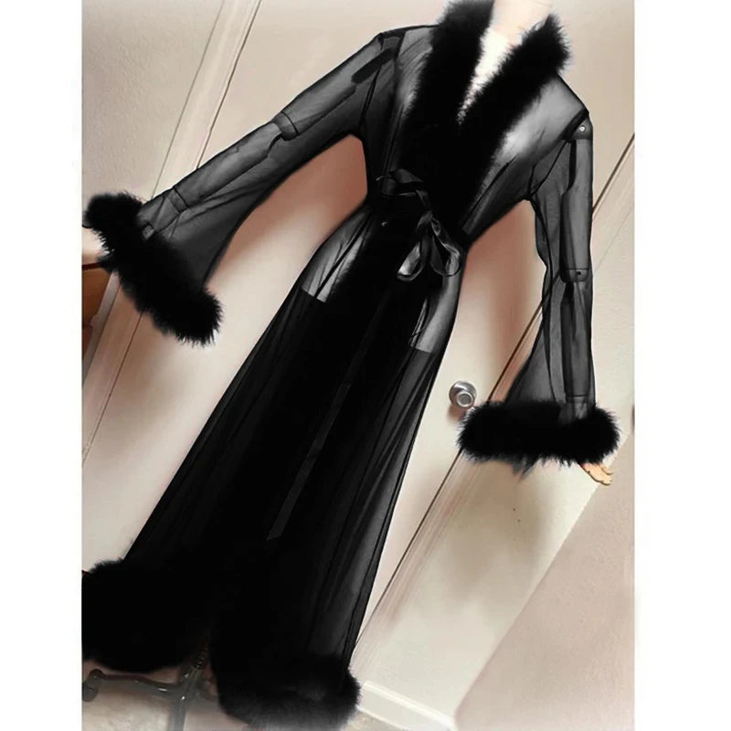 Sheer Mesh Flare Sleeve Bow Tie Jacket for Women Black_Front View
