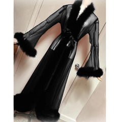 Sheer Mesh Flare Sleeve Bow Tie Jacket for Women Black_Front View