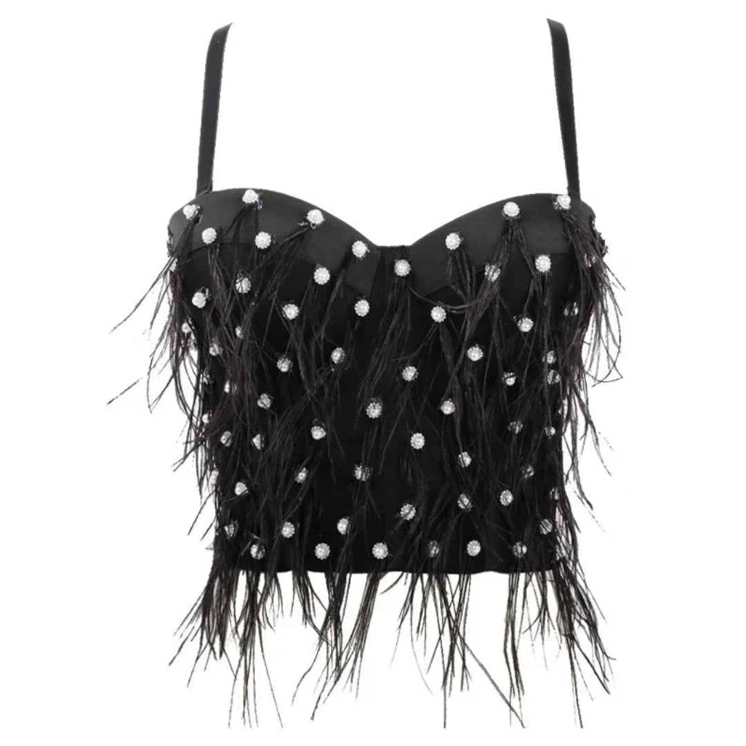 Rhinestone Feather Tassel Crop Top | Rave Set