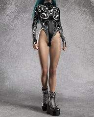 White Swirl Print Long Sleeve Bodysuit for Women | Rave Set