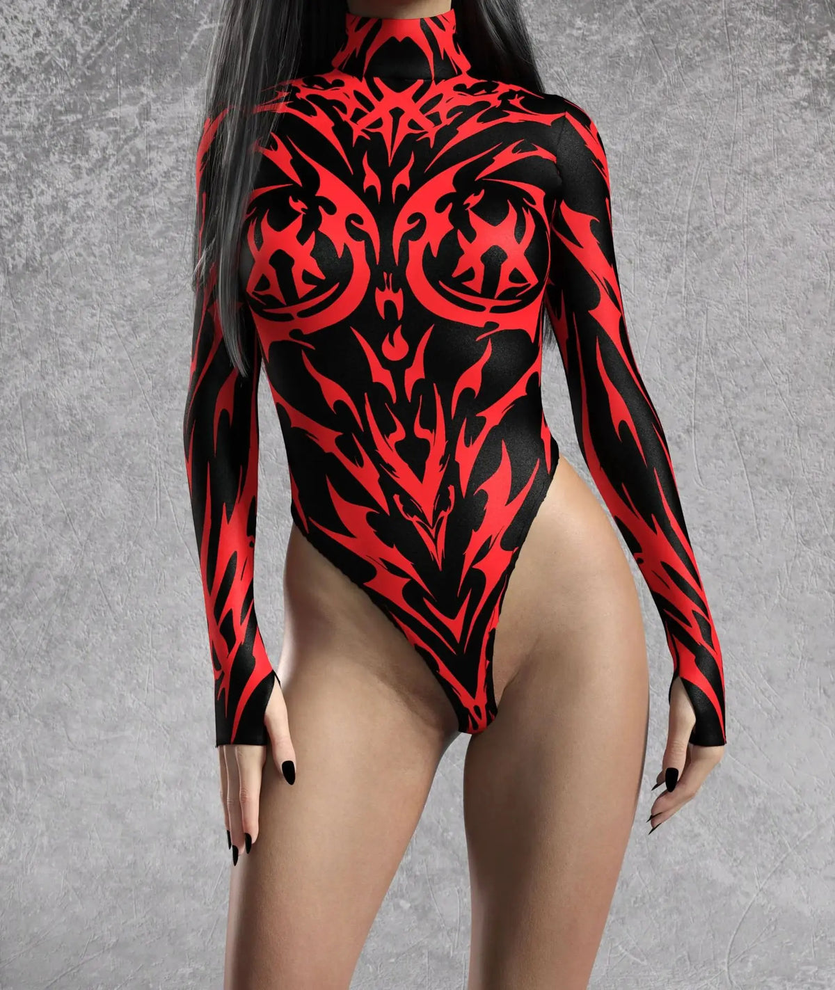 Red Flame Print Long Sleeve Bodysuit for Women | Rave Set
