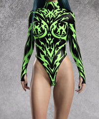 Green Flame Print Long Sleeve Bodysuit for Women | Rave Set