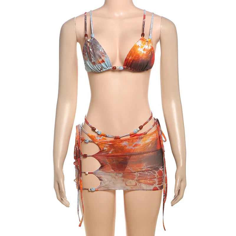 Colorful Shirred Bikini 3 Piece Matching Set_Front View