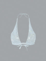 Rhinestone Halter Crop Top for Women White_Front View