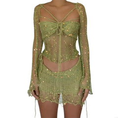 Women’s Sequin Crochet 3-Piece Set Green_Front View