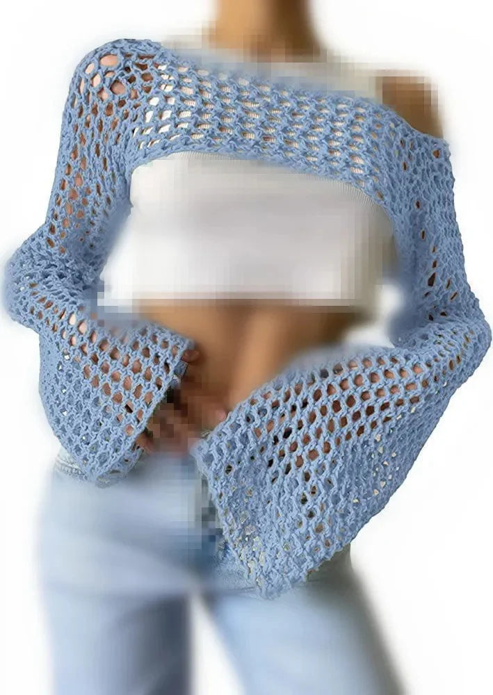 Knit Flare Sleeve Crop Shrug for Women Light Blue | Rave Set
