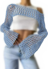 Knit Flare Sleeve Crop Shrug for Women Light Blue | Rave Set