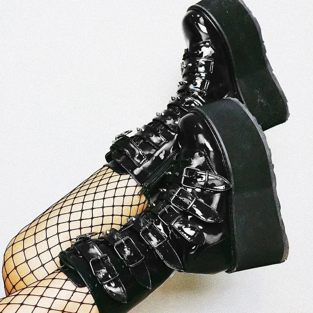 Obsidian Gloss Women’s Buckle Platform Boots | Rave Set