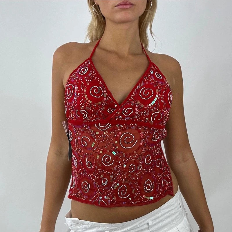Sequin Pearl Rhinestone Crop Top for Women Peach Red_Front View