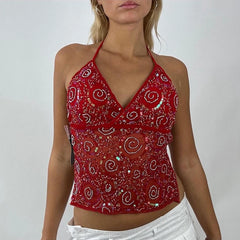 Sequin Pearl Rhinestone Crop Top for Women Peach Red_Front View