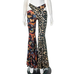 Cross Waist Flared Pants with Butterfly Print in Black_Front