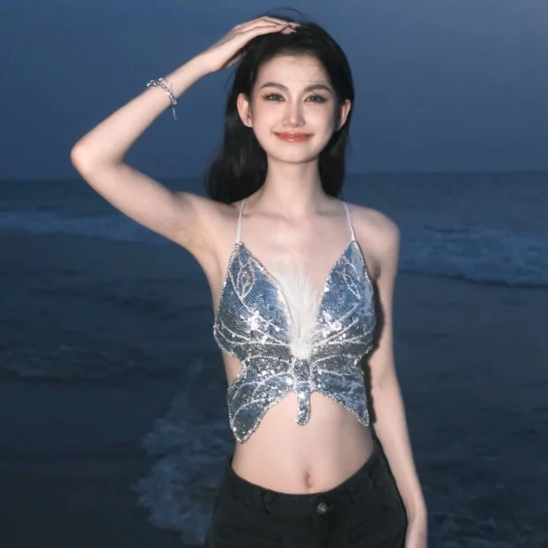 Sparkle Butterfly Crop Top for Women Silver_Front View