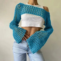 Knit Flare Sleeve Crop Shrug for Women Turquoise | Rave Set