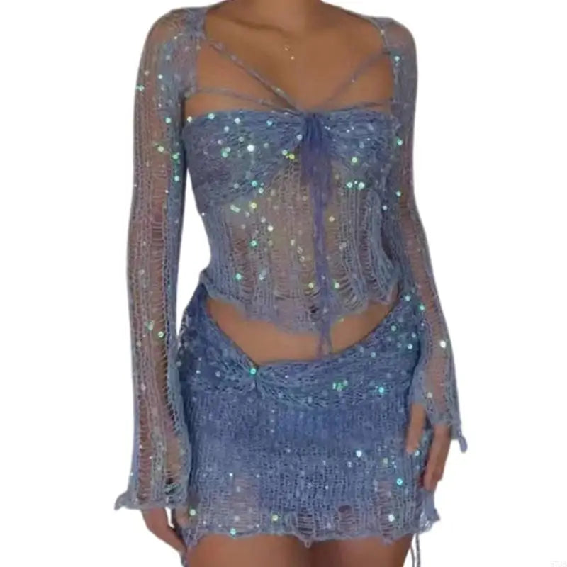 Women’s Sequin Crochet 3-Piece Set Blue_Front View