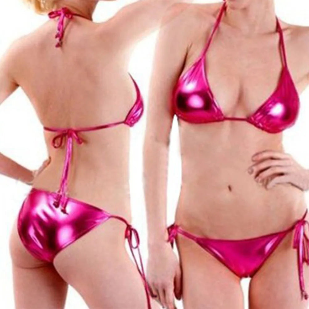 Low Waist Halter Bikini Set for Women in Rose Red_Front View