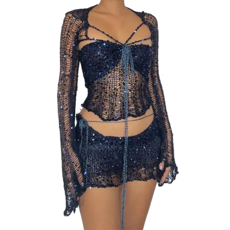 Women’s Sequin Crochet 3-Piece Set Navy Blue_Front View