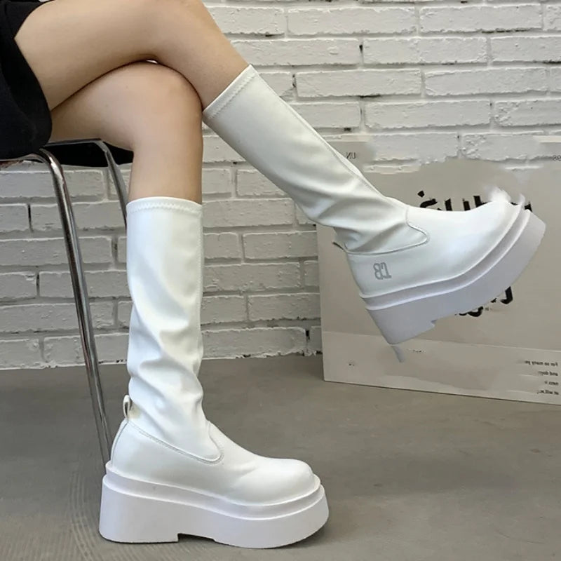 White Retro Knee High Boots for Women | Rave Set