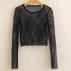 Netted Long Sleeve Crop Top for Women Black | Rave Set