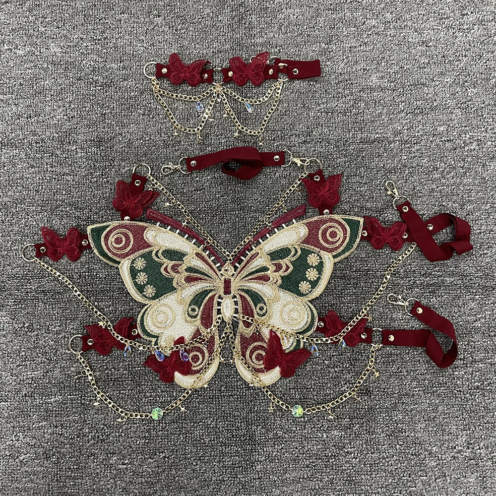 Butterfly Crystal Chain Crop Top for Women Red | Rave Set