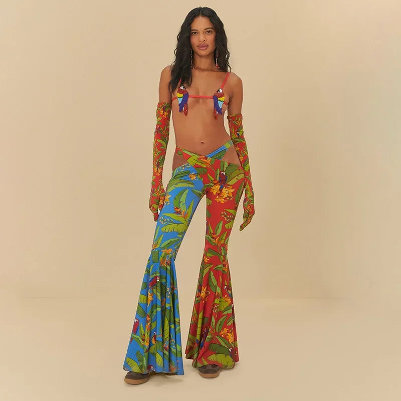 Cross Waist Flared Pants with Butterfly Print in Multicolor_Front 